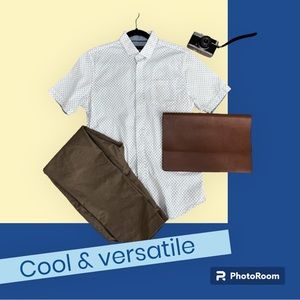 Crisp white shirt-sleeve dress shirt.